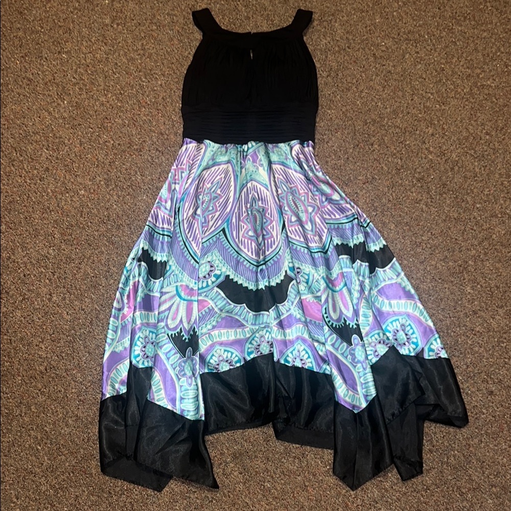 Dressbarn Elegant Black, Purple, Teal Midi Dress Size 10